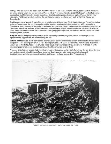 ARCH 273 Modules 3 + 4 assignment sheet, page 2 of 18: Timing, the Element, program, material and tectonics, and process, over Robert Smithson's photograph Partially Buried Woodshed, 1970