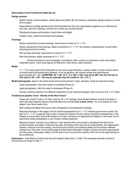 ARCH 273 Modules 3 + 4 assignment sheet, page 4 of 18: Deliverables at the Final Review, Wed Dec 9: design process, drawings, model, model photographs, the graphic novel, and submission