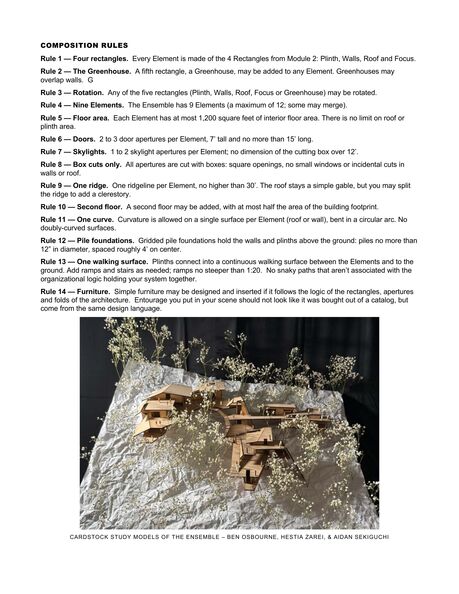 ARCH 273 Modules 3 + 4 assignment sheet, page 5 of 18: The fourteen composition rules — four rectangles, greenhouse, rotation, nine Elements, floor area, doors, skylights, box cuts, one ridge, second floor, one curve, pile foundations, one walking surface, furniture — over a photograph of cardstock study models of an Ensemble among baby's breath