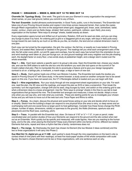 ARCH 273 Modules 3 + 4 assignment sheet, page 6 of 18: Phase 1, Organize, week 8: Charrette 3A Typology Study, the Ensemble tool, and steps 1 to 6 — site, study, nine organizations, forces, trace, the merge — due Wed Oct 14