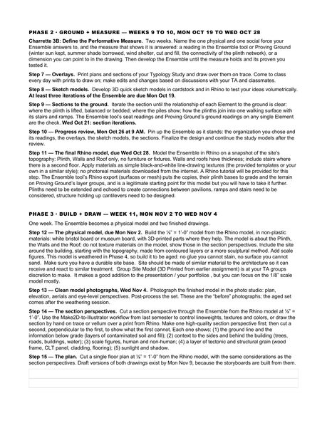 ARCH 273 Modules 3 + 4 assignment sheet, page 7 of 18: Phase 2, Ground and Measure, steps 7 to 11, and Phase 3, Build and Draw, steps 12 to 15: overlays, sketch models, sections to the ground, progress review, final Rhino model, physical model, clean photographs, section perspectives and plan