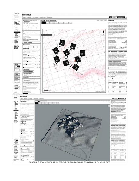 ARCH 273 Modules 3 + 4 assignment sheet, page 8 of 18: Two screenshots of the Ensemble tool: nine lounges arranged along the contours in plan, and the same arrangement in 3D on the terrain