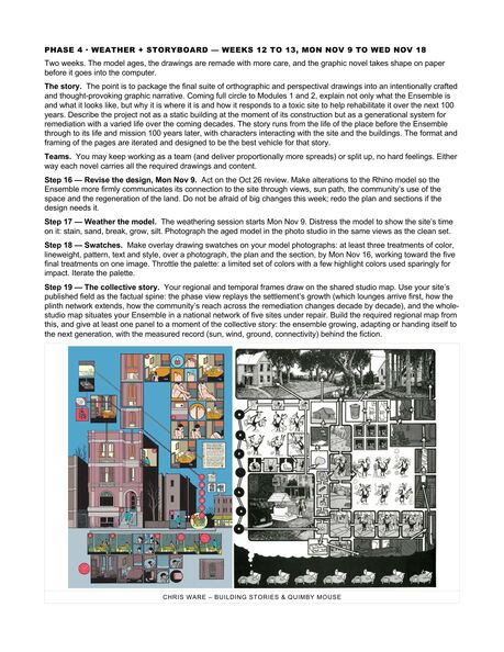 ARCH 273 Modules 3 + 4 assignment sheet, page 10 of 18: Phase 4, Weather and Storyboard, weeks 12 to 13: the story, teams, and steps 16 to 19, over spreads from Chris Ware's Building Stories and Quimby the Mouse