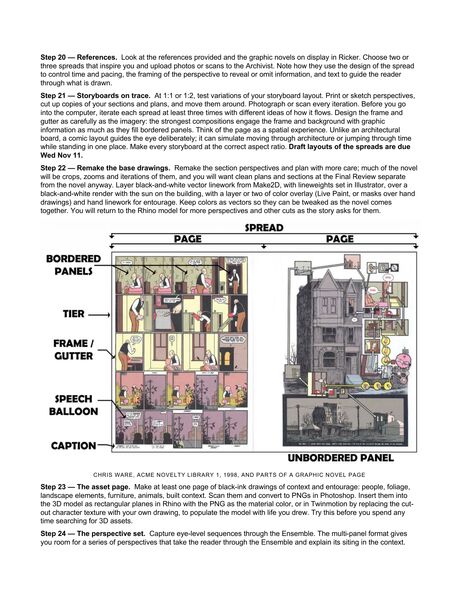 ARCH 273 Modules 3 + 4 assignment sheet, page 11 of 18: Steps 20 to 24 — references, storyboards on trace, remaking the base drawings, the asset page and the perspective set — around a Chris Ware spread labelled with the parts of a graphic novel page: bordered panels, tier, frame and gutter, speech balloon, caption, unbordered panel