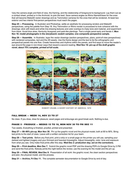 ARCH 273 Modules 3 + 4 assignment sheet, page 12 of 18: Steps 25 and 26, processing and assembly; Fall Break; and Phase 5, Produce, steps 27 to 31 through the Final Review and the archive, around Robert Crumb's A Short History of America, 1979