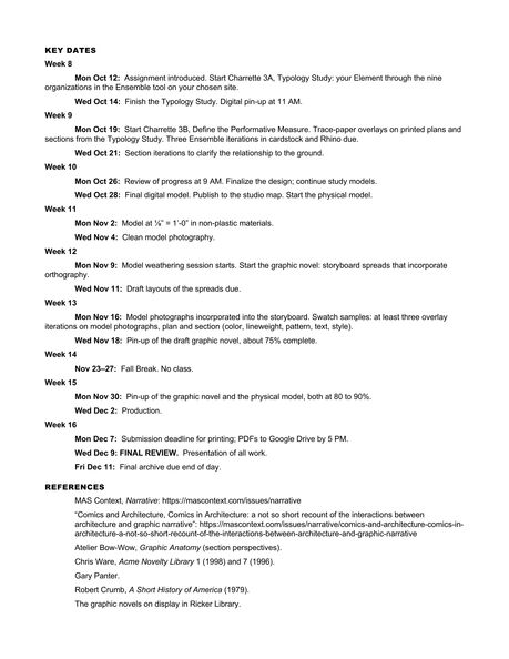 ARCH 273 Modules 3 + 4 assignment sheet, page 13 of 18: Key dates week by week from Mon Oct 12 to Fri Dec 11, and the reference list