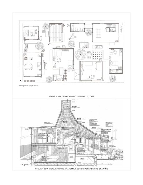 ARCH 273 Modules 3 + 4 assignment sheet, page 14 of 18: Reference images: a furnished floor plan from Chris Ware's Acme Novelty Library 7, 1996, and a section perspective from Atelier Bow-Wow's Graphic Anatomy