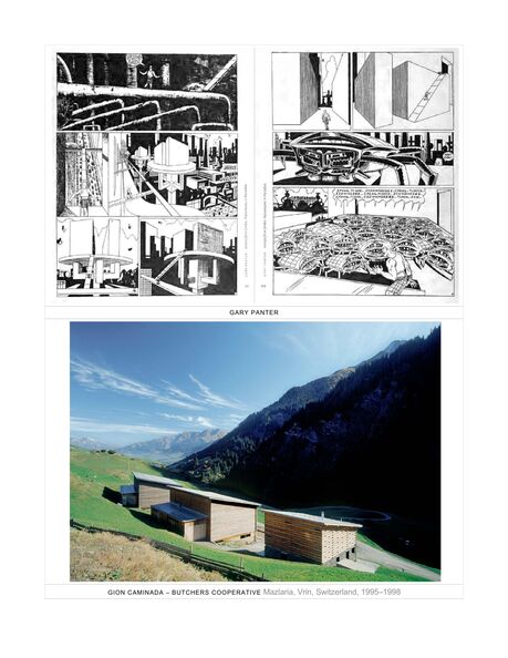 ARCH 273 Modules 3 + 4 assignment sheet, page 16 of 18: Reference images: a black-and-white comic spread by Gary Panter, and Gion Caminada's Butchers Cooperative in Vrin, Switzerland, 1995–1998, timber barns on an alpine slope