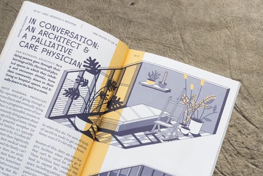 A magazine spread with an illustrated cutaway bedroom scene beside a conversation about architecture and dying.