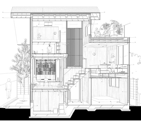 A detailed axonometric section drawing of a narrow house showing every room, stair, and inhabitant at once.