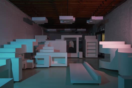 The same pink and blue stepped-block room rearranged into a denser cluster of platforms and a bench, one figure visible behind.