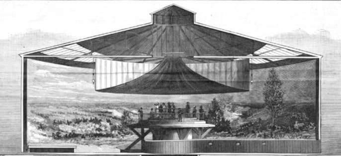 A wood-engraving section cut through a cylindrical cyclorama building, showing the painted panorama and viewing platform.