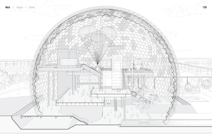 A line-drawn section cut through a geodesic dome, revealing floor plates, escalators, and tiny human figures inside.
