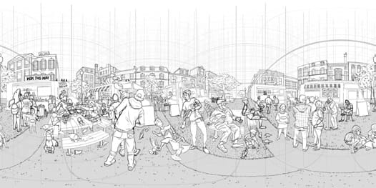 An unwrapped 360-degree line drawing of a crowded street food festival, figures and market stalls circling the viewer.