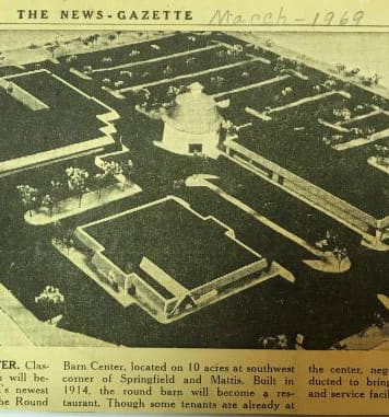 A 1969 newspaper clipping with an illustrated site plan of the round barn restaurant complex under construction.