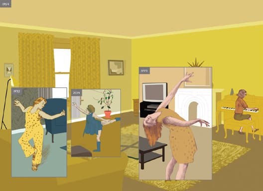 An illustrated living room with overlapping framed vignettes of the same room and dancing figure across different decades.
