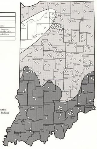 A county-by-county map of Indiana with dots marking the location of every known round barn.