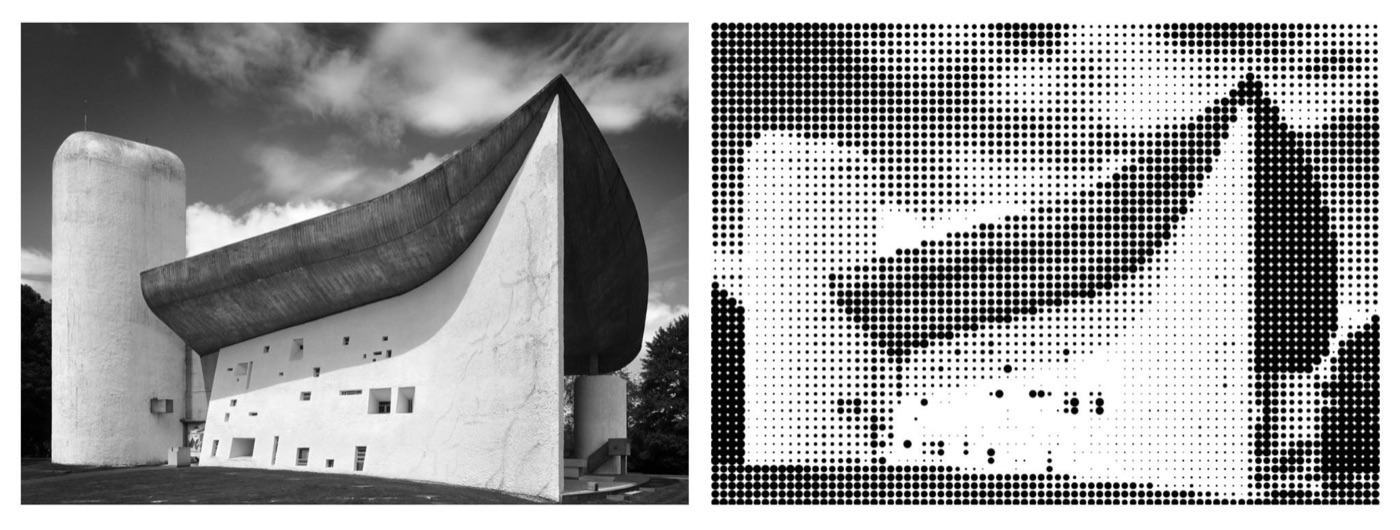 Left: a black-and-white photograph of Notre-Dame du Haut. Right: the same image converted to a half-tone dot pattern for tactile printing — tone is preserved, depth is not.