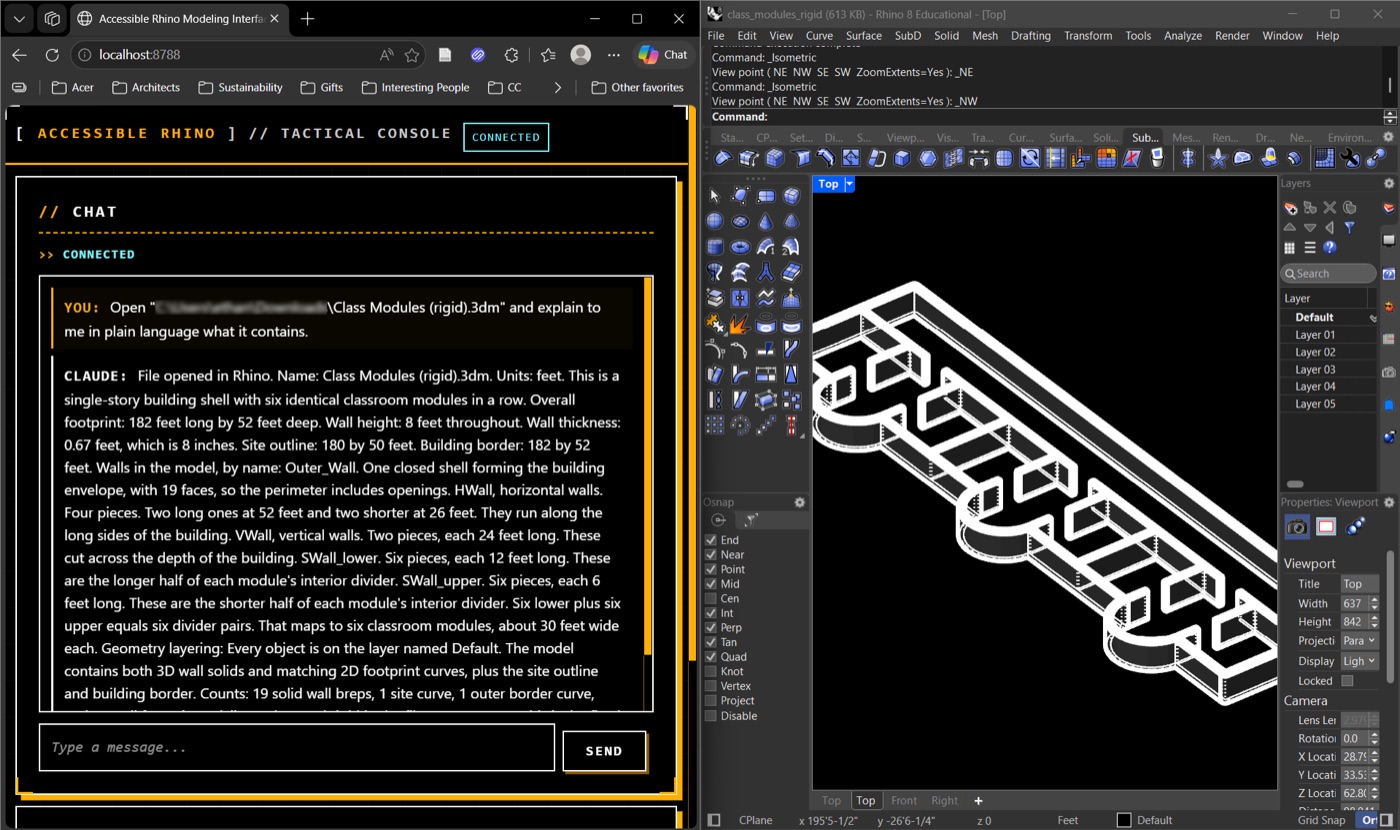 Screenshot: an accessible web client showing a navigable chat and a structured state tree beside the Rhino viewport, which displays a tactile axonometric model.