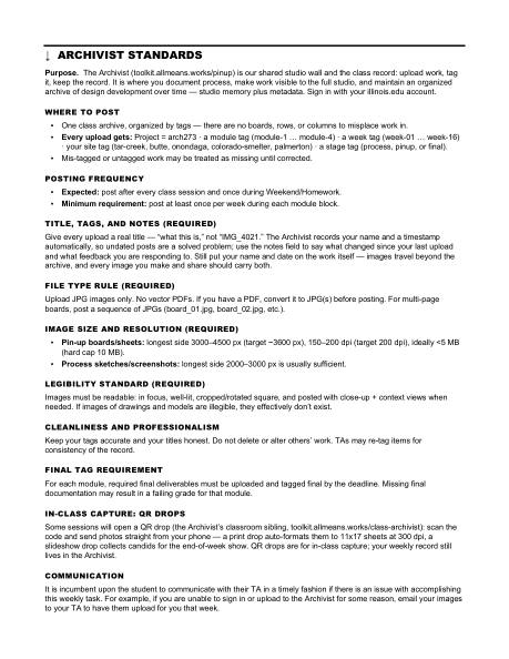 ARCH 273 syllabus, page 15 of 29: Archivist standards