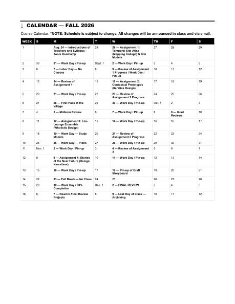 ARCH 273 syllabus, page 19 of 29: Calendar — Fall 2026