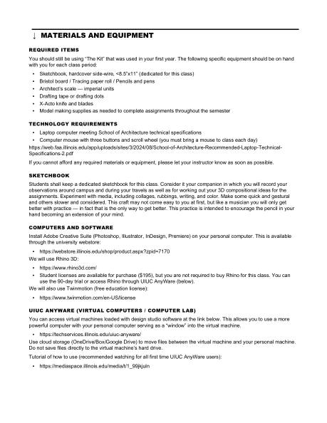 ARCH 273 syllabus, page 24 of 29: Materials and equipment